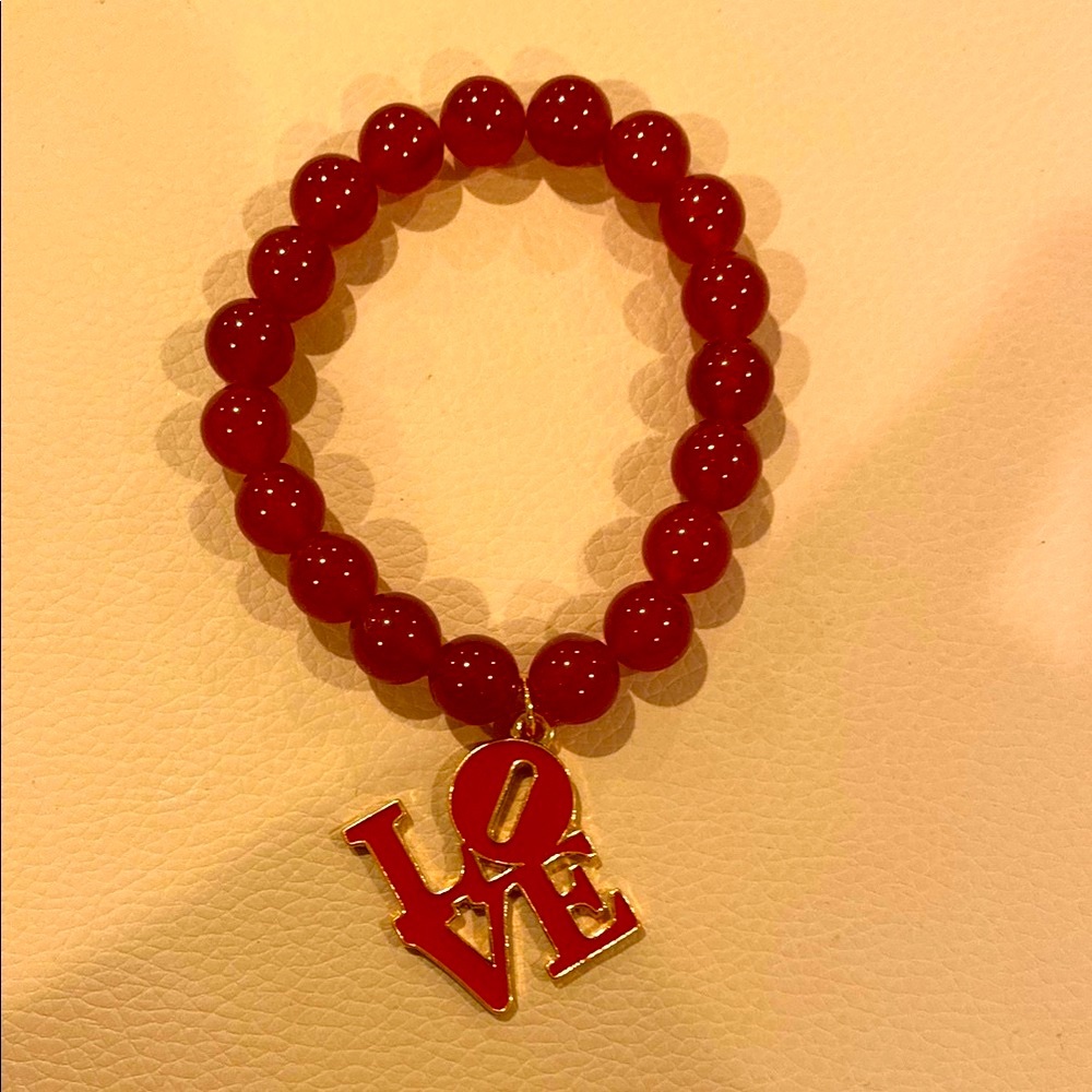 Red Beaded Bracelet with LOVE Charm